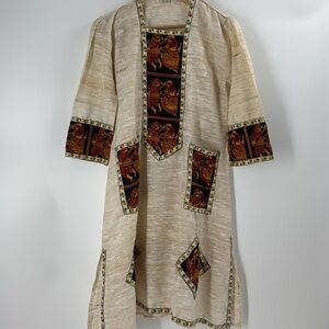 Ethnic batik print oatmeal cream beige artsy embroidered Anil shift dress